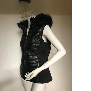 NWT Nanette Lepore Black Puffer Coat Jacket Vest Hooded Fall Winter Faux fur